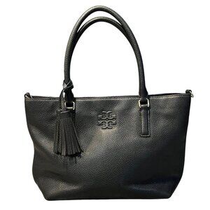 Tory Burch Black Pebbled Leather Shoulder Bag Tote Bag with Tassel